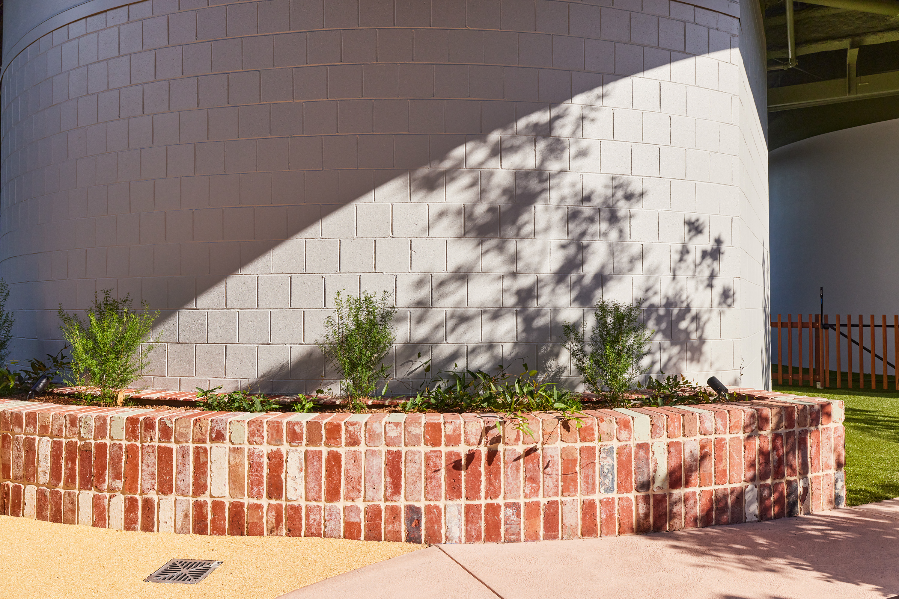 Recycled brick curved planter bed with native shrubs against rendered wall