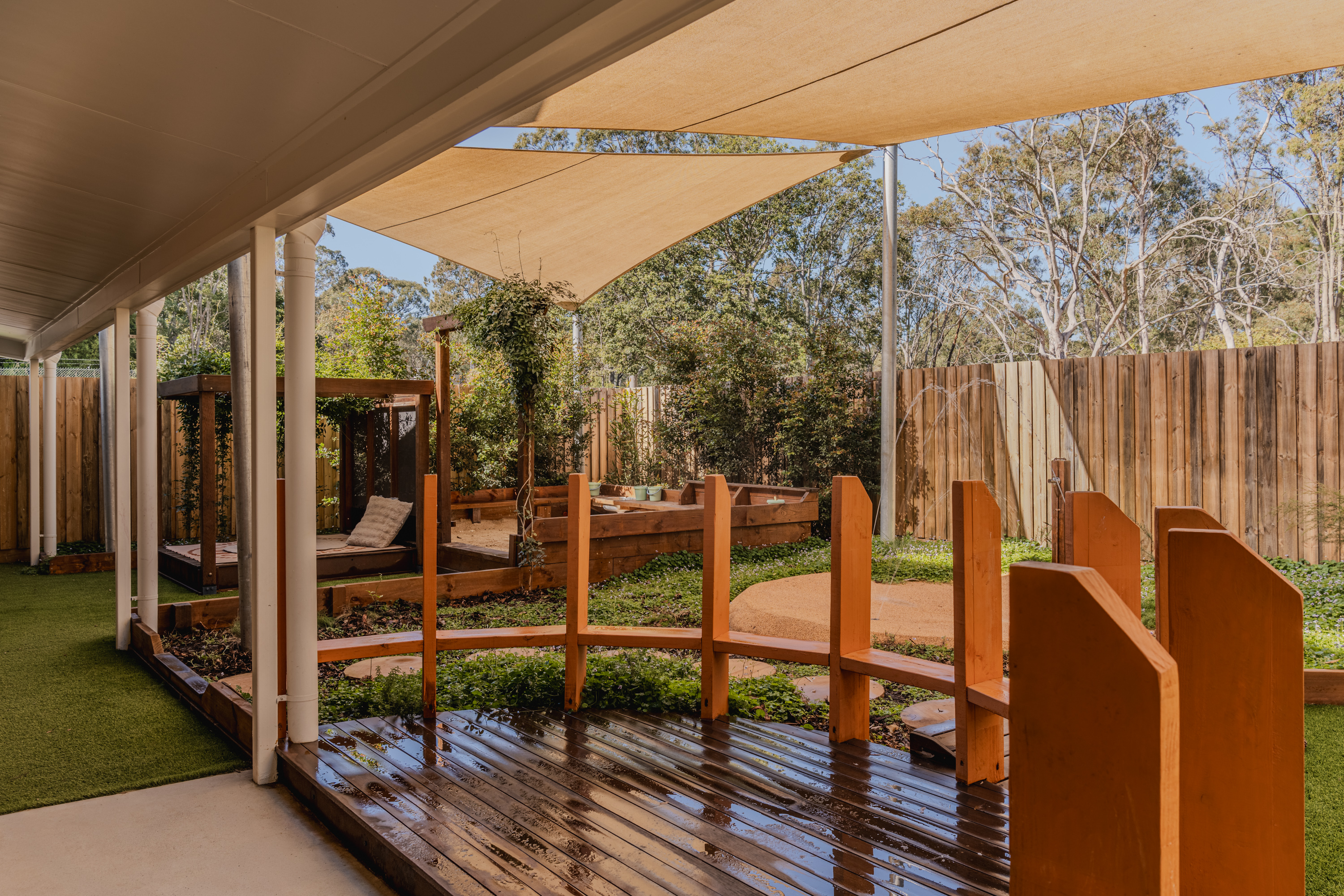 Water play channel with timber posts