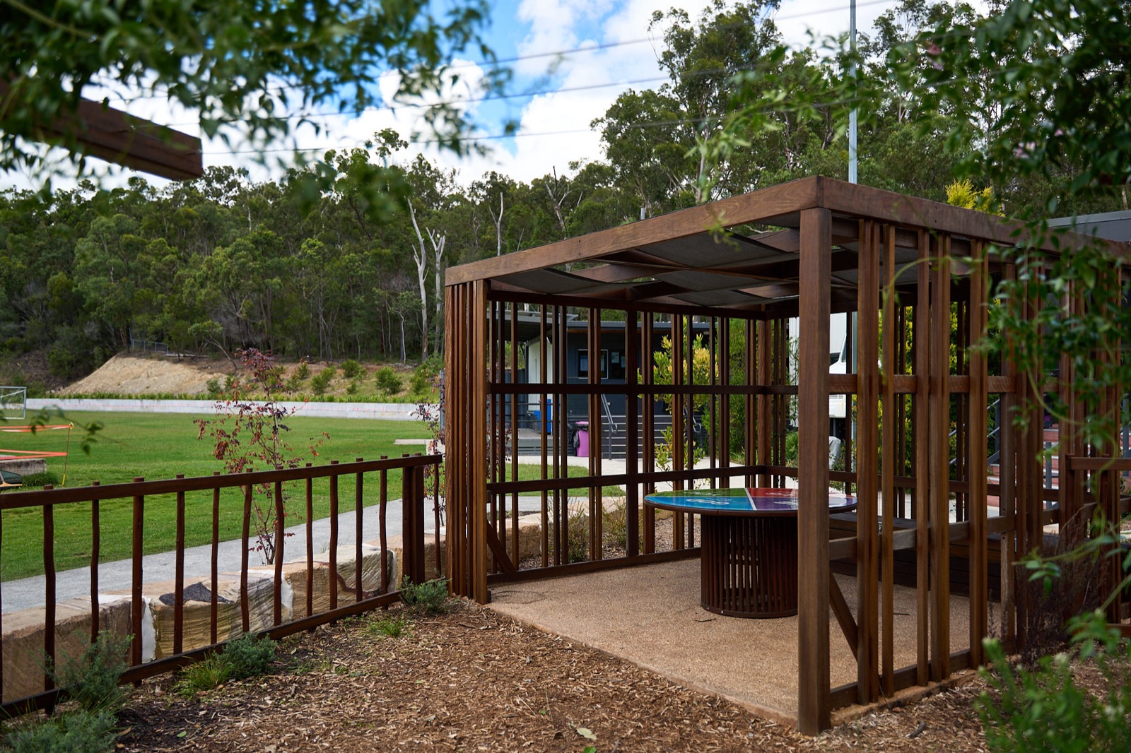 Shaded pavilion with quiet gathering table