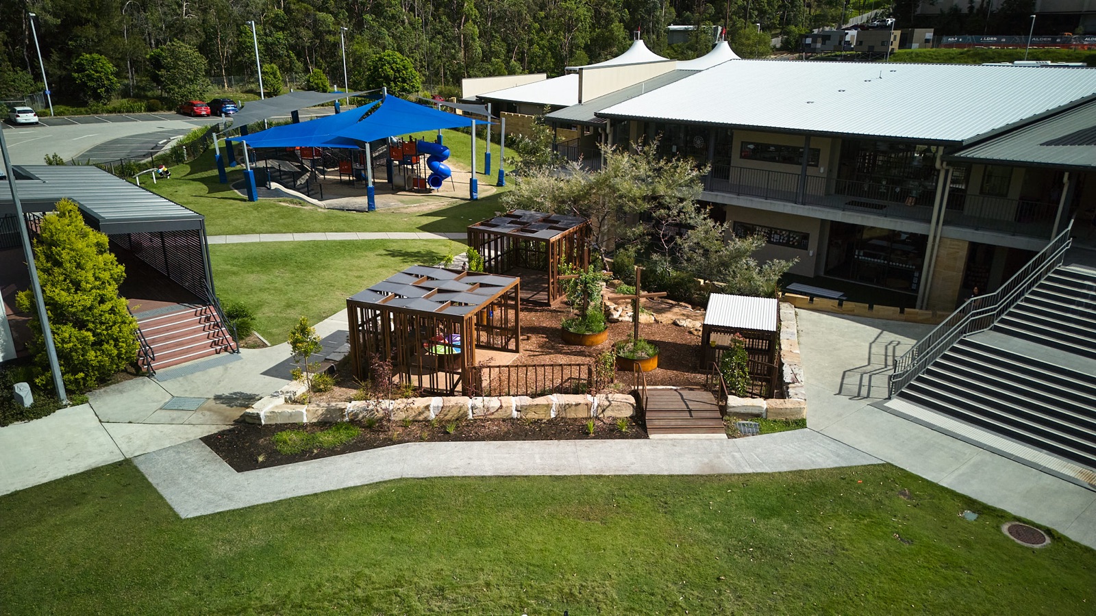 Aerial view of the nature playground within the school grounds