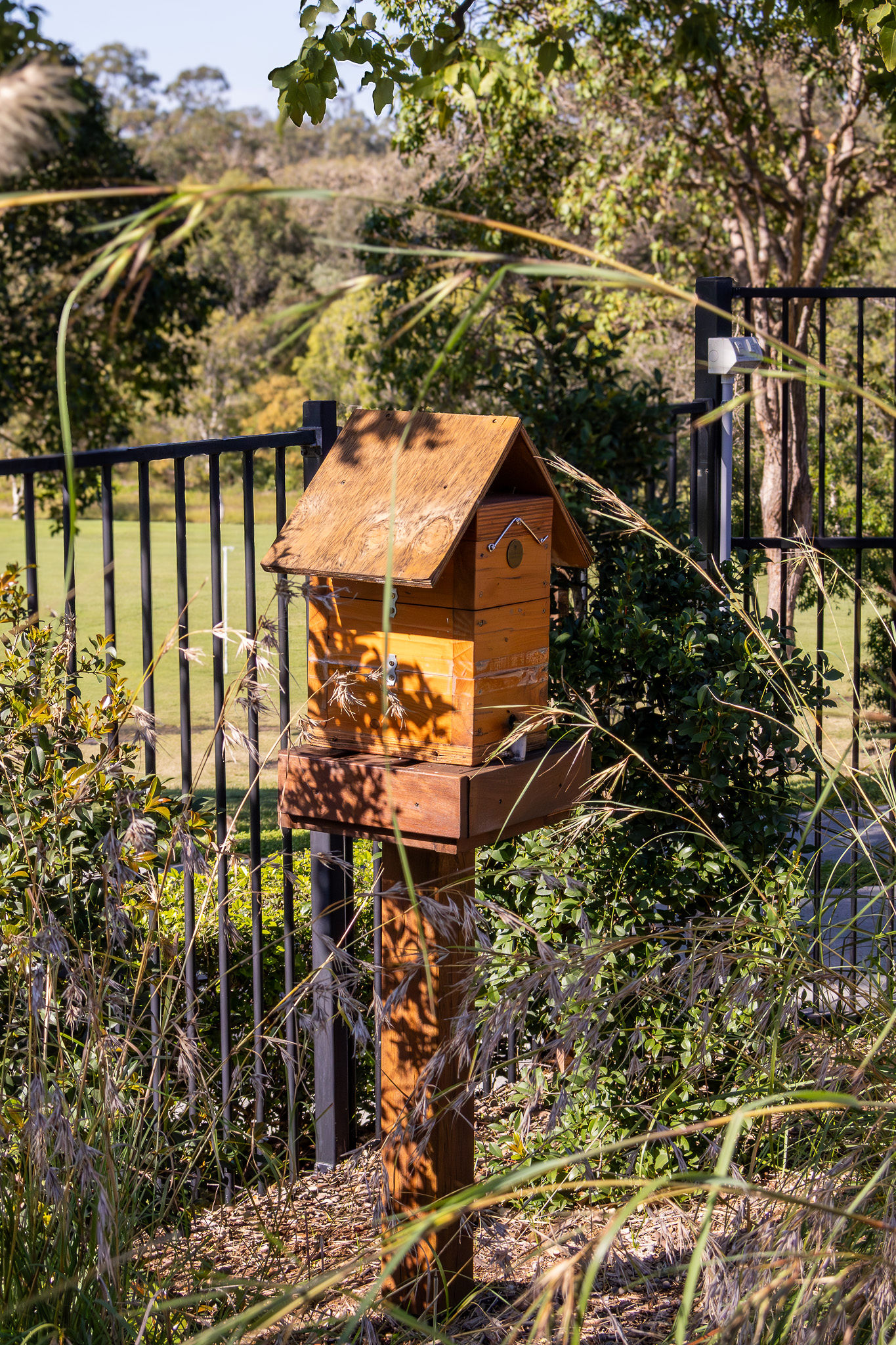A bee hotel mounted along the garden fence