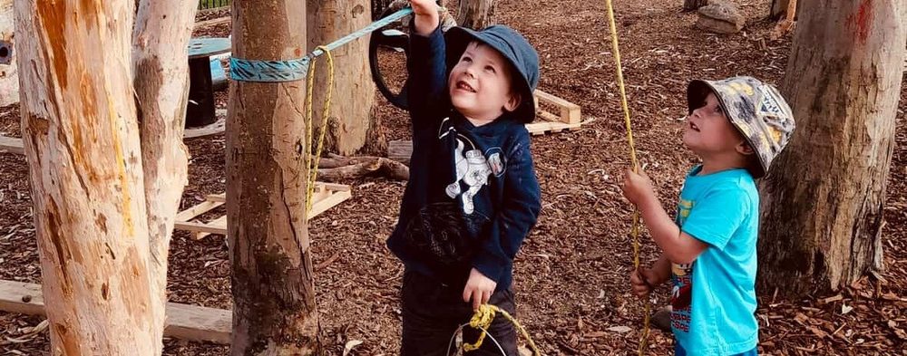 Two young children pulling on ropes tied between tree trunks